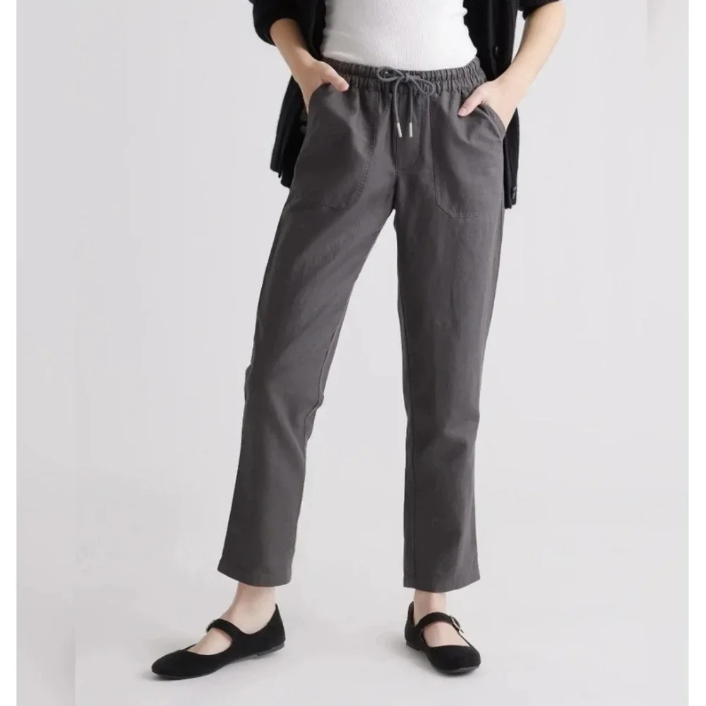 Quince Organic Cotton Linen Straight Leg Pants Charcoal Grey Drawstring Small